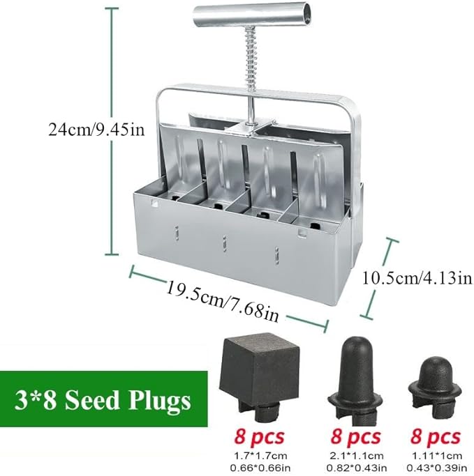 Soil Blocker with A Seedling Tray 8 Cell 2 Inch Soil Block Maker Handheld Block Maker with 3 Sizes Seed Pins Garden Blocking Tools for Seedings Cuttings Greenhouses
