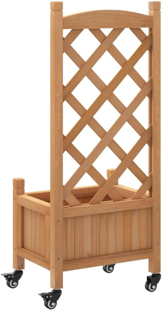 Wood Planter Box with Trellis and Wheel Outdoor Raised Garden Bed for Climbing Plants Free-Standing Trellis Planter Box 15.7x11.8x38.4 Brown Solid Wood Fir