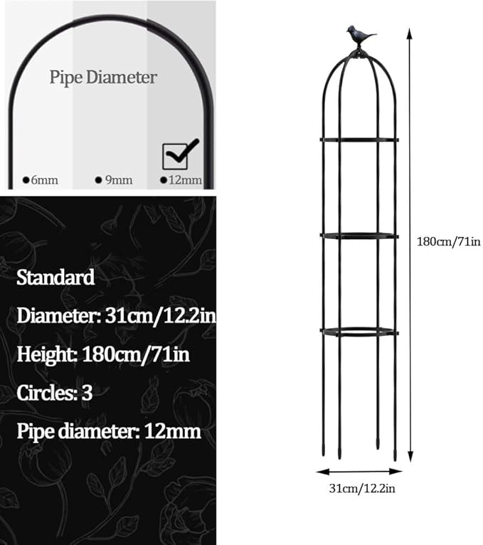 Metal Garden Plant Obelisk Garden Trellis for Climbing Plants 8.3x47in 9.8x74.8in 12.2x63in 13.8x59in Weather-Resistant Potted Plant Support Roses Vines Support Rack ( Color : Black  Size : 31x180cm(