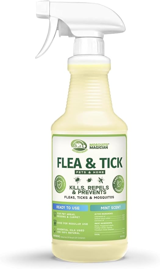 Mosquito Magician Indoor and Outdoor Flea &amp Tick Spray - Use for Carpet Furniture Bedding Couches &amp Pets – Plant-Sourced with Essential Oil – Mint 32 OZ