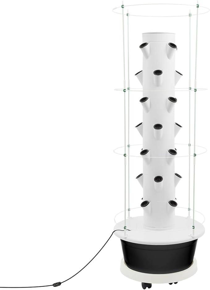 28-Plant Hydroponic Growing Tower 7-Tier Indoor Vertical Garden System with Climbing Trellis Hydroponic Tower Kit with Automatic Water Circulation Pump and Timer for Home Balcony White and Black