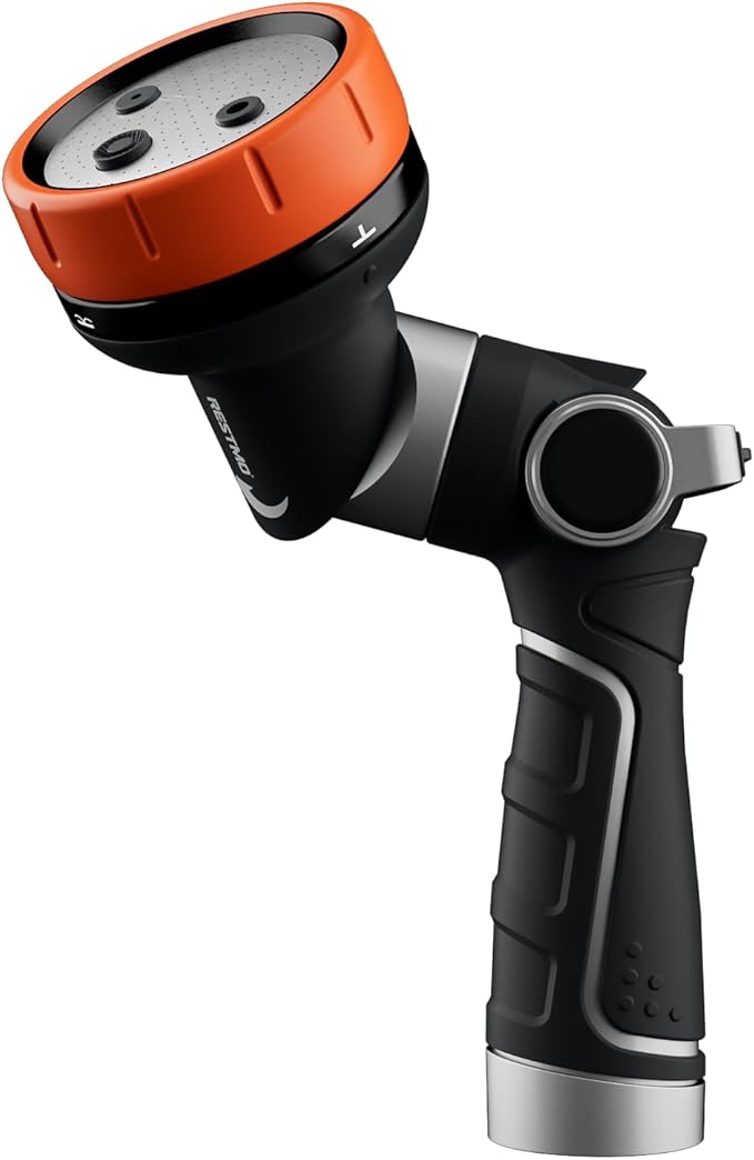 RESTMO Multi-Angle Garden Hose Nozzle with Sprinkler Function Heavy Duty Water Hose Nozzle with 4 Spray Patterns Magic Twist and Thumb Flow Control for Garden Watering Car Washing &amp Yard Orang