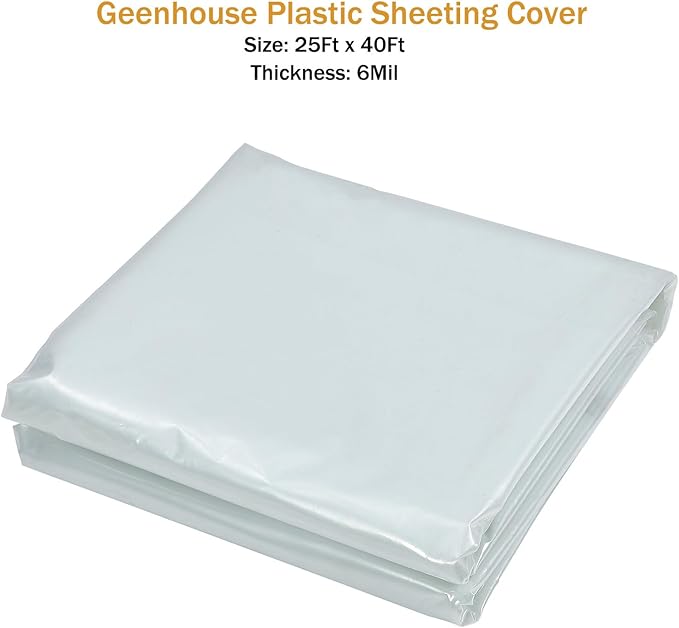 25FTx40FT Greenhouse Plastic Sheeting 6 Mil Thickness Clear Greenhouse Polyethylene Film UV Resistant Replacement Cover Hoop House Plastic Cover for Farming Gardening