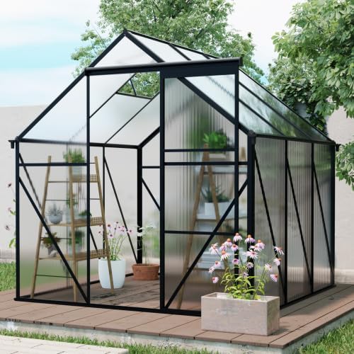 6 x 10FT Outdoor Patio Greenhouse Walk-in Polycarbonate Greenhouse Adjustable Roof Vent &amp Rain Gutter for Plants&ampFlowers Garden Backyard (Green-6 x 10 FT)