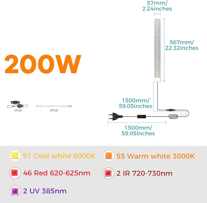 2pcs 200W Full Spectrum Grow Lamp LED Greenhouse Hydroponic Lights Sunlight 100-277V Indoor Plant Panel Lamp UV/IR Succulent Cultivate Lamps 110V Flower Cactus Seedling Fill Lighting US Plug With Hook