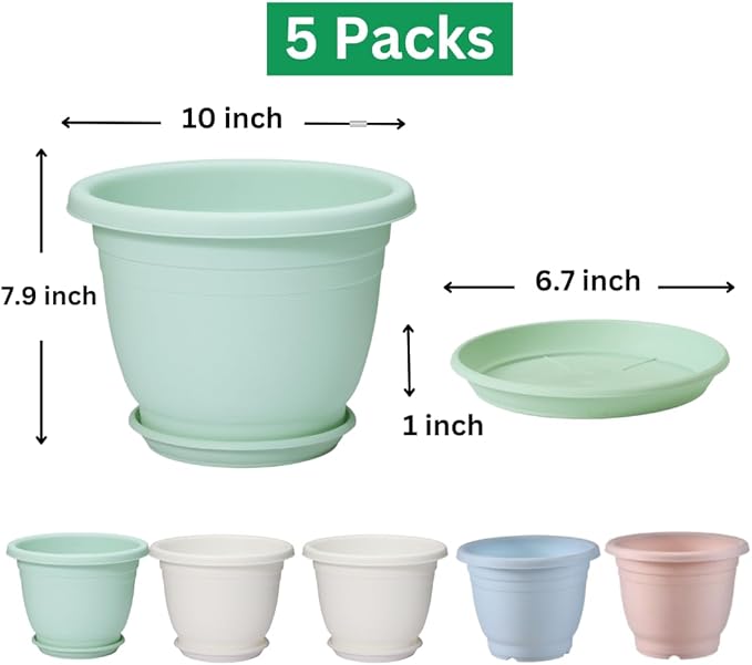 5 Packs 10 inch Plant Pots + Saucer Planters for Indoor &amp Outdoor Plants with Drainage Holes | Plastic Flower Pots Large Planter (Colorful 10 inch)
