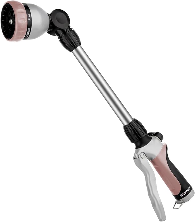 RESTMO Metal Watering Wand Heavy Duty Garden Hose Wand with 180° Swivel Head 16'' Hose Nozzle Sprayer with 7 Spray Patterns and Flow Control for Water Hanging Baskets and Shrubs Rose Gold