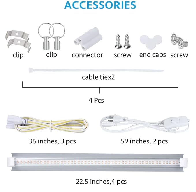Grow Light 2ft T8100W(4 x 25W 600W Equivalent) Super Bright Full Spectrum Sunlight Plant Light LED Grow Light Strips Grow Lights for Indoor PlantsGreenhouse4-Pack