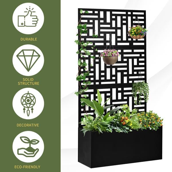 Metal Raised Garden Bed with Trellis Galvanized Planter Metal Planter Box with Trellis 24 L x 9.1 W x 44.5 H (Grid Maze)