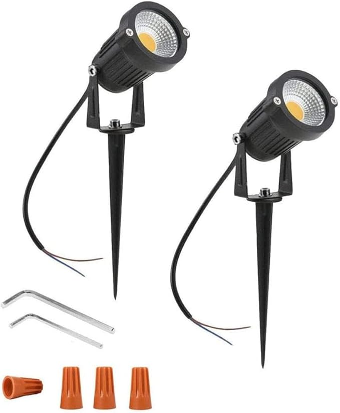 Youngine Pack of 2 12V Low Voltage LED Landscape Lights Waterproof Outdoor Walls Trees Flags Spotlights 5W COB Garden Yard Path Lawn Light with Spike Stand (Warm)NO Plug