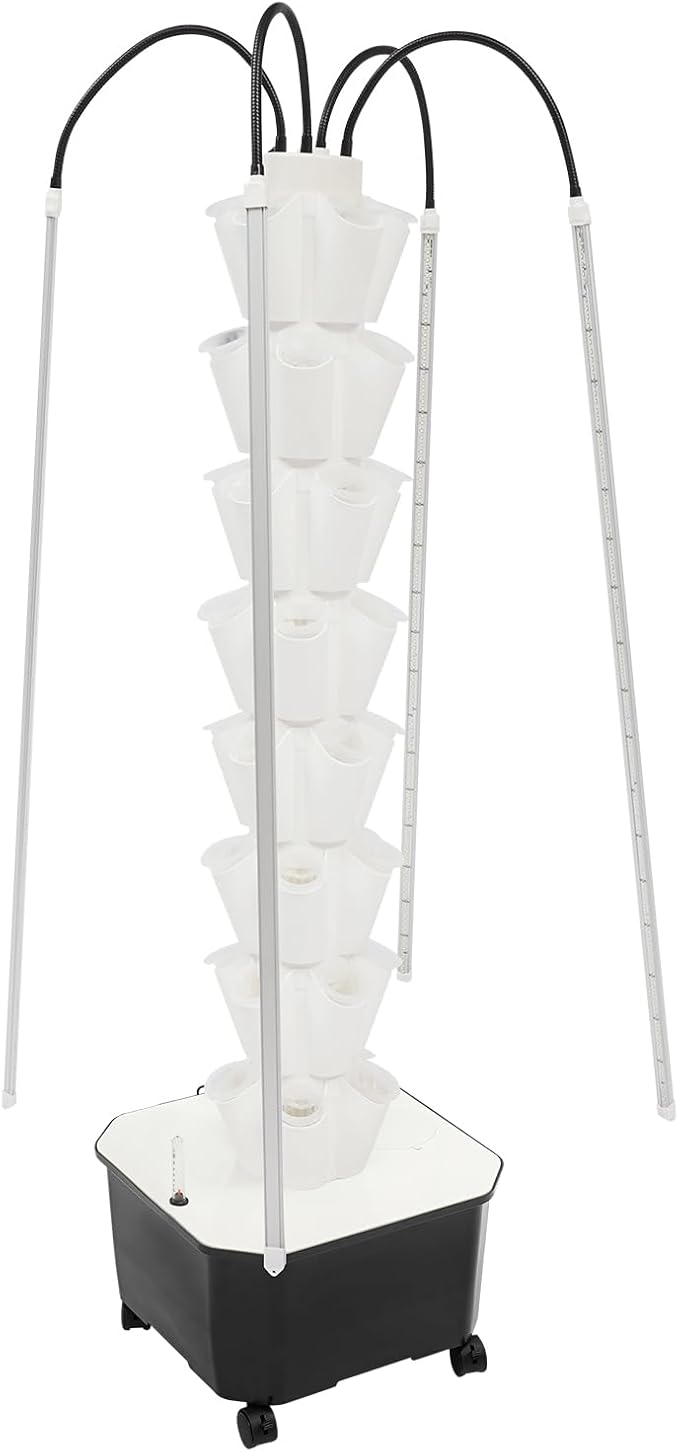 Hydroponic Growing Tower with LED Grow Lights 40-Plant Vertical Garden Indoor Outdoor System 5 Holes x 8 Tiers Hydroponics Kit with Water Pump Wheels &amp Brakes for Vegetables Herbs