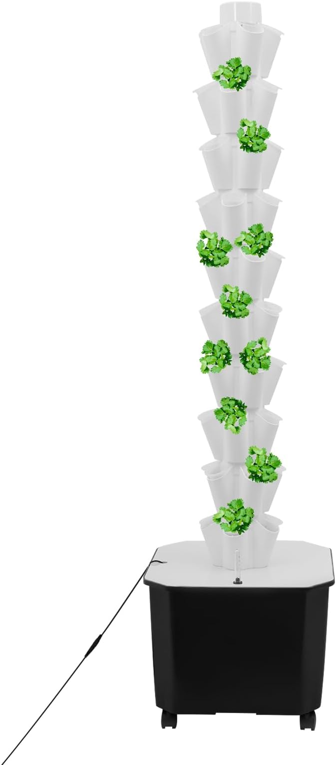 Hydroponic Grow System 10 Tiers 50 Holes Mobile Hydroponic Growing Kit with Water Pump &amp Timer Indoor Outdoor Vertical Garden Kit for Leafy Vegetables Strawberries on Balcony Home Office Whi