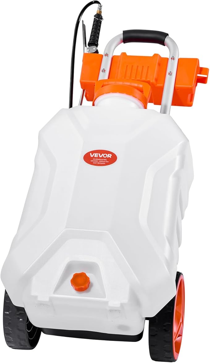 VEVOR Battery-Powered Sprayer with Wheeled Cart 10 Gallons Electric Weed Sprayer Adjustable 0-80 PSI Yard Lawn Sprayers with Wheels 5 Nozzles &amp 98ft Hose 3-6H Spray Time for Weeding Cleanin