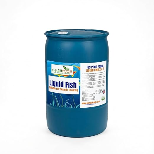GS Plant Foods Liquid Fish Fertilizer - Organic Material Review Institute Listed (55 Gallons) – Natural Hydrolyzed Fish Fertilizer for Gardens Lawns &amp Container Growing