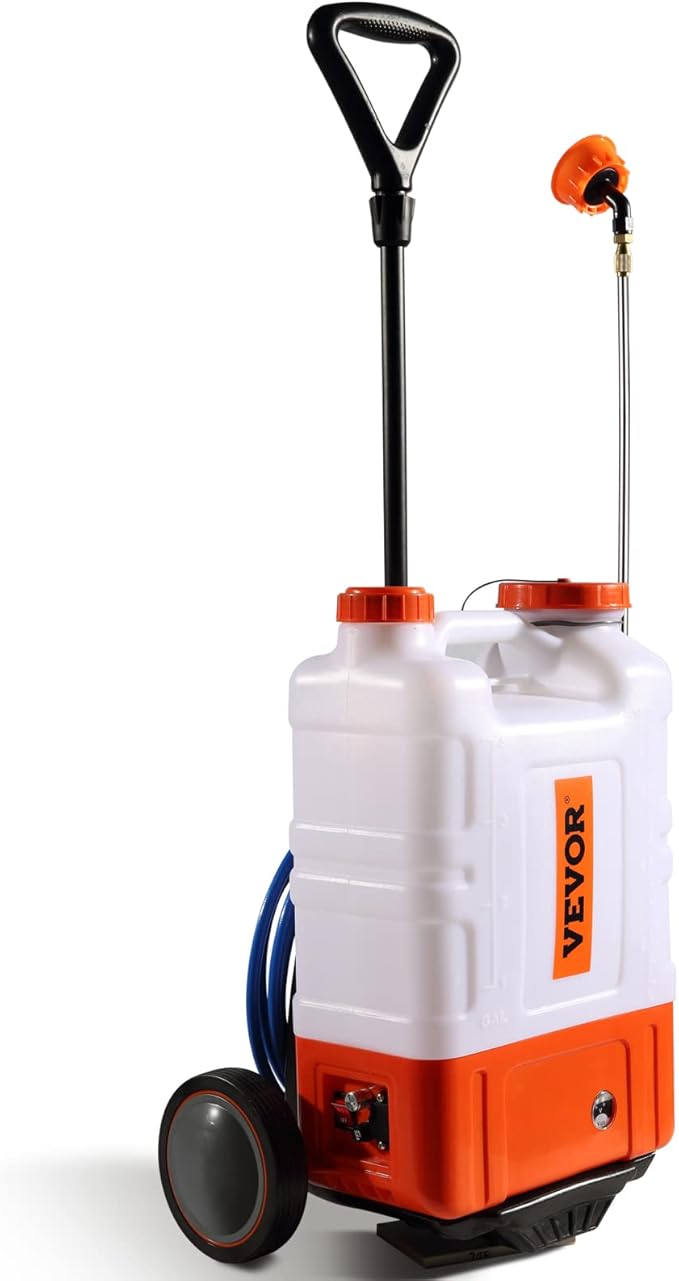 VEVOR 4 Gallon Battery Powered Backpack Sprayer with Wheeled Cart Adjustable 0-94 PSI 13FT Hose 6 Nozzles 2 Wands Included Wide Mouth Lid for Weeding Cleaning Long Spray Time Without Fatigue