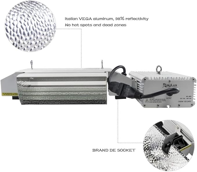 Raylux Grow Light System Kits with Controller Port1000 Watt DE Double Ended HIDOpen Style Reflector with 220V Digital Dimmable Ballast - Bulb Not Included