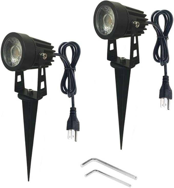 Pack of 2 Outdoor LED Landscape Lights Waterproof Spotlight with Spike Stand and Plug for Driveway Outdoor Lawn Lighting Flood Garden Yard (5W Mini Cool White)