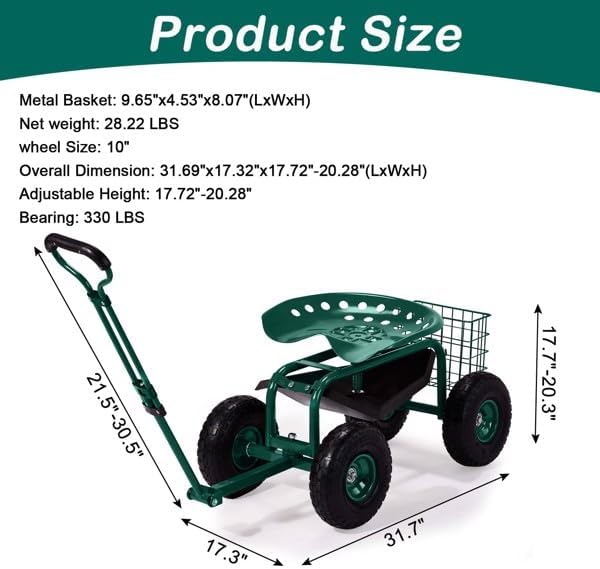 Garden Scooter Stool with Wheels Rolling Gardening Seat with Swivel &amp Tool Tray Adjustable Work Seat with Extendable Handle for Weeding Planting Outdoor Work Foldable Garden Seats