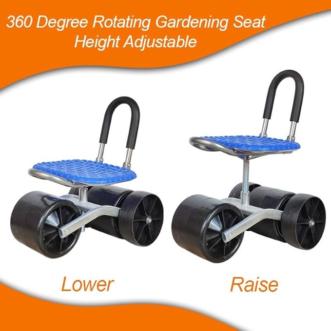 Garden Cart Rolling Workseat Rolling Stool with Wheels and Storage Shelf Foldable Garden Seat with 360° Rotating Seat Adjustable Height 23-35cm for Patio Lawn Yard(A)
