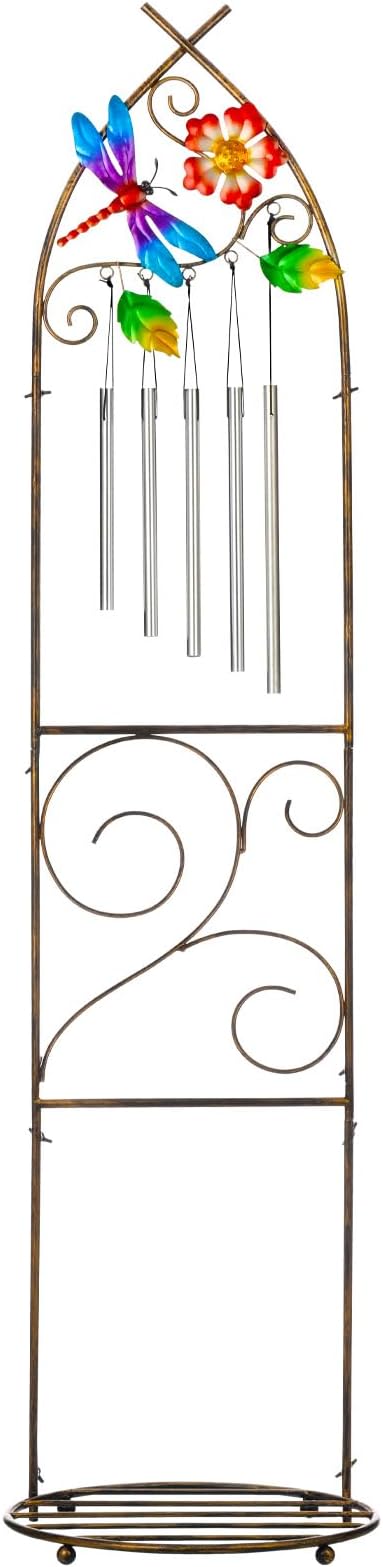 Garden Trellis with Plant Stands 48” Metal Detachable Dragonfly Plant Pot Trellis with Wind Chimes for Climbing Plants Outdoor Lawn Patio Porches Decor
