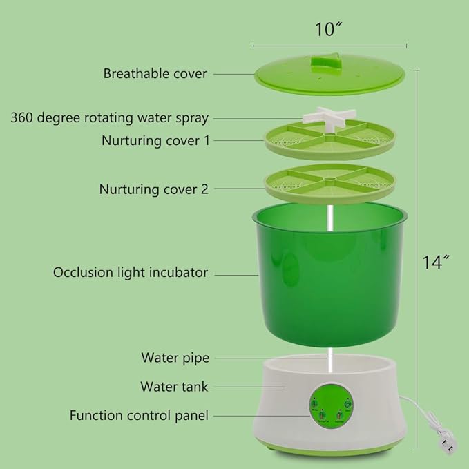 Bean Sprouts Machine 2 Layers Intelligent Automatic Bean Sprouts Maker 110V Bean Sprouts Growing kit with 360° Sprinkler &amp 3 Seasonal Modes for Radish Wheatgrass Broccoli Sprouts