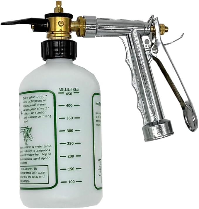 Rocky Mountain Goods Hose Sprayer - 16oz Bottle - Small 7.5 x 7.5 Size - for Spraying Fertilizer Soap Pesticide Chemical Insecticide - Dilution Adjuster - Nozzle Angle Guide for Trees/Garden