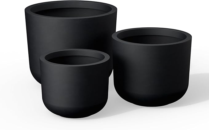 Kante 13119 Dia Black Round Planters (Set of 3) Outdoor Indoor Modern Planter Pots Lightweight Weather Resistant Seamless with Drainage Hole