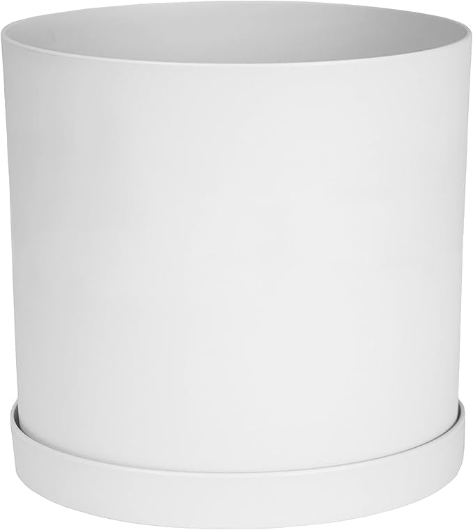 Bloem Mathers Round Planter with Saucer Tray: 10 - White - Modern Design Durable Plastic Pot Removable Saucer for Indoor &amp Outdoor Use Gardening 2.6 Gallon Capacity