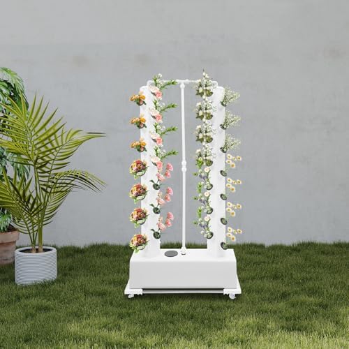 56-Plant Hydroponic Growing System - Indoor/Outdoor Garden Planter Kit with Pump &amp Wheels Smart Hydroponics Tower for Easy Vegetable &amp Herb Growth White Base