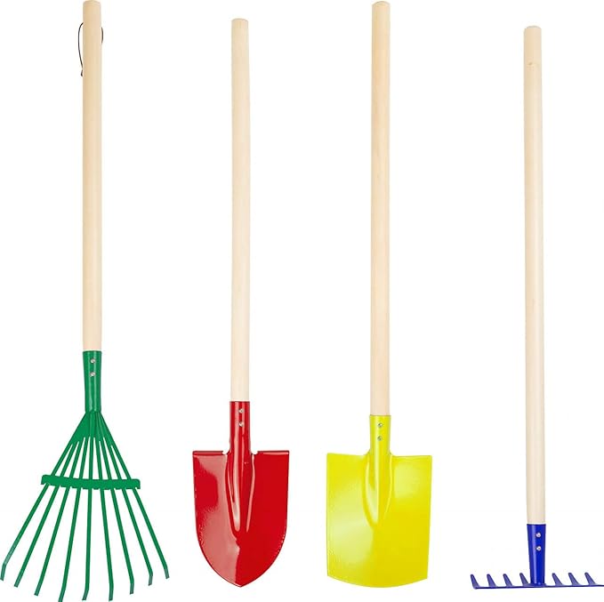 Small Foot 10838 Garden Tool Set Green Thumb Made of Wood and Metal rake Shovel Spade and rake from 3 Years Old