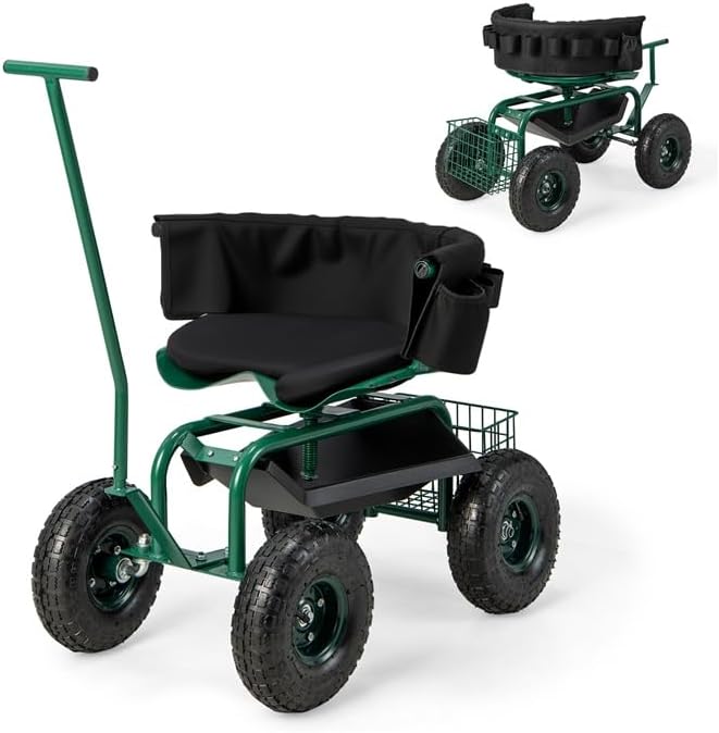 ERGOMASTER Garden Cart Rolling Workseat with Wheels2 Steering Handles360 Degree Swivel Seat &amp Tool Storage Use for Patio Yard and Outdoors Workseat Green