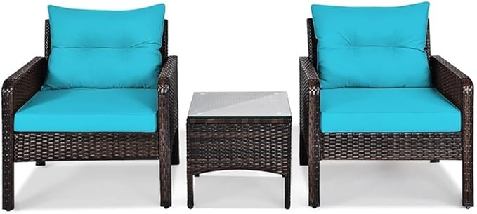 Pemberly Row 3-Piece 26'' Rattan Conversation Set Outdoor Seating Ensemble Built for Casual Comfort and Interaction Turquoise