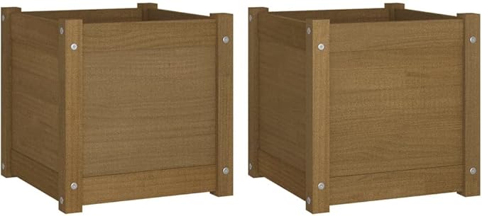 Honey Brown Solid Pinewood Planter Set of 2 Square 15.7 inch Outdoor Garden Planters for Patio Balcony Deck