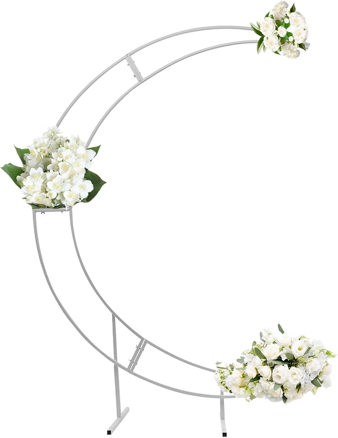 Wedding Arch Backdrop Stand 7ft White Metal Crescent Moon Wedding Arch Stand Curved Flower Balloon Frame for Wedding Birthday Party Anniversary Decorations (White)