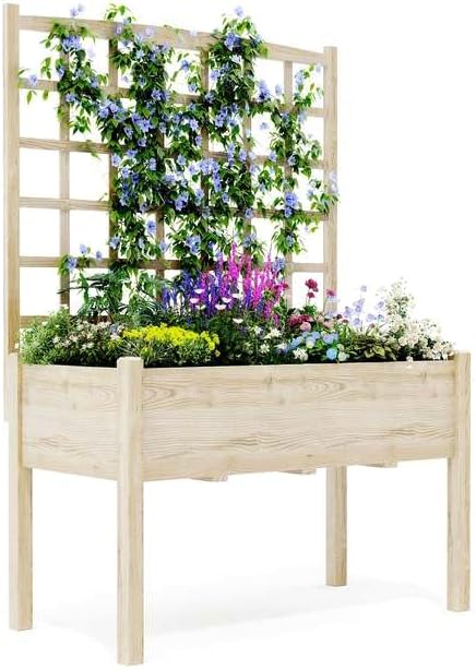 Raised Garden Bed with Trellis Elevated Planter Box with Legs For Backyard Patio Balcony w/Bed Liner Wood Standing Planter Stand for Climbing Plants Flowers Vegetables Herbs 46 in x23 in x65 in