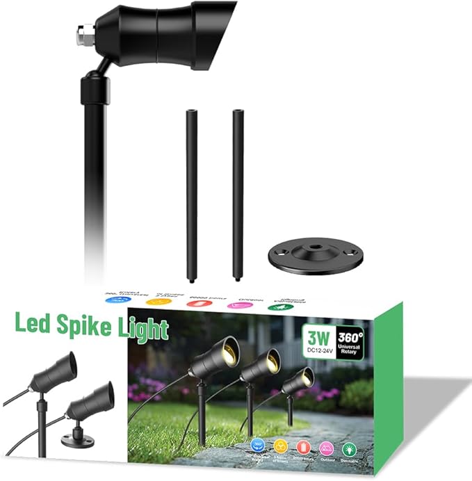 YASHIDA Outdoor Landscape LED Lighting DC12-24V 3W IP67 360 Degree Universal Rotary Led Spike Light kit Waterproof Led Spotlight with Spike Pole for Lawn Decorative Lamp Warm White 2700K