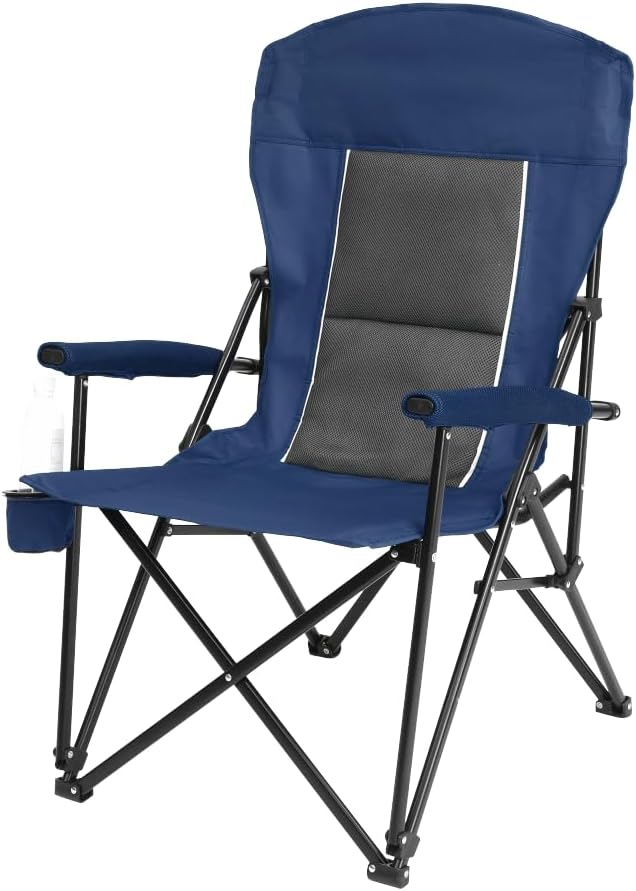High Back Heavy Duty Lawn Chair Support 250LBS Portable Collapsible Chair with Cup Holder (Navy Blue + Steel)