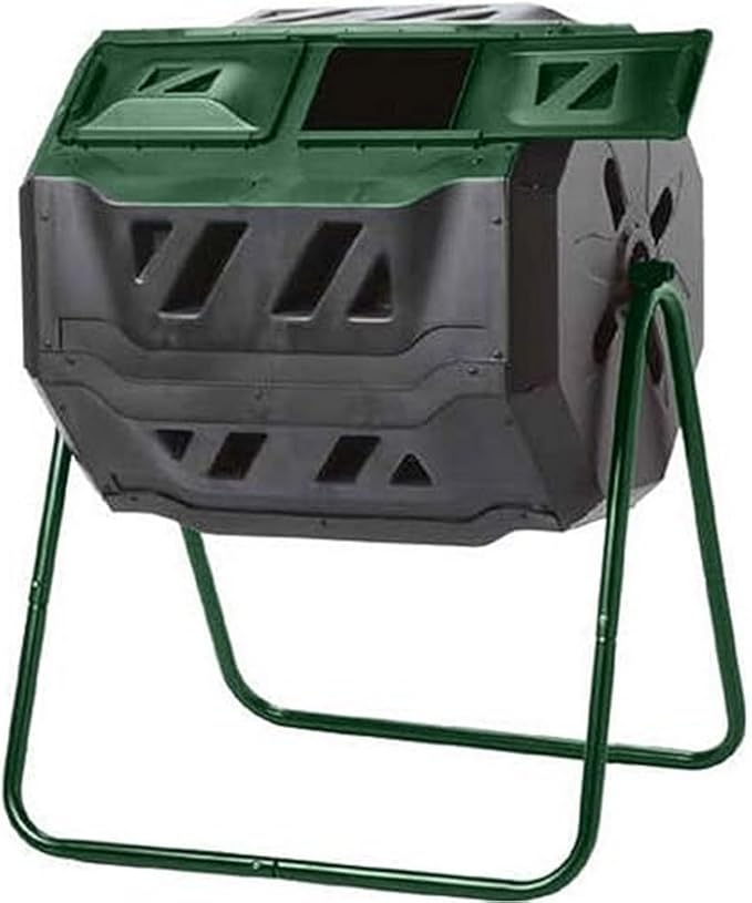 Exaco Trading Company Exaco Mr.Spin Compost Tumbler - 160 Liters / 43 Gallon Dual Chamber Composter On Two-Leg StandGreen/Black
