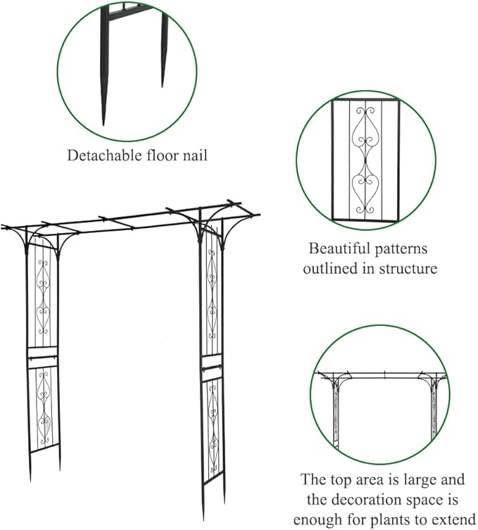 7FT Metal Garden Arch Trellis Heavy Duty Metal Garden Arbor with Stakes for Climbing Plants Outdoor Patio Stable Trellis Arch for Wedding Ceremony Party 81 L x 16 W x 85 H Black 16mm