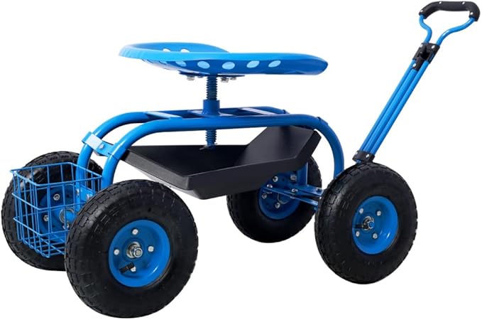Ergonomic Rolling Garden Scooter with 360-Degree Swivel Seat Built-in Tool Tray and All-Terrain Wheels for Outdoor Use (Blue + Steel-1)