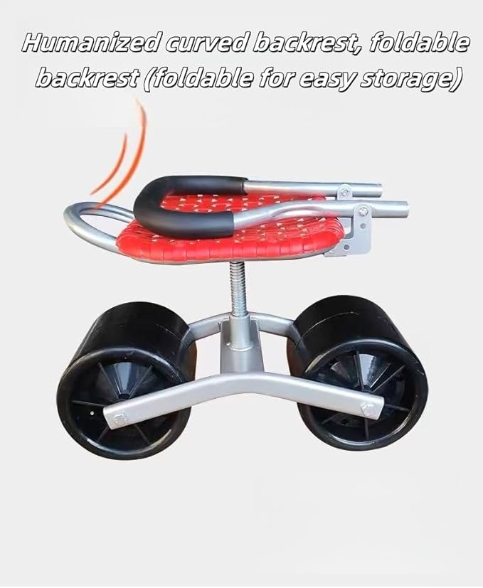 German Craft Garden Rolling Work Stool - Foldable Adjustable Height Gardening Bench with Wheels &amp Backrest for Gardening Farming Auto Repair Workshop (300lbs CapacityTwo wheels red foldable)
