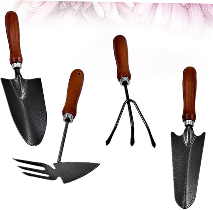 Toyvian 4pcs Mini Garden Tool Set with Stoving Varnish Shovel and Thickened Iron Spade Wooden Handle Planting Tools for Gardening and Potting