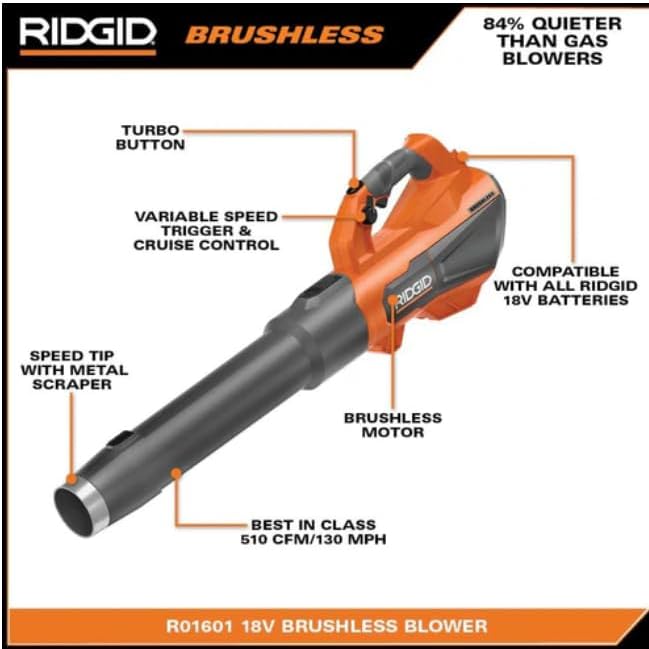 RIDGID 18V BRUSHLESS 130 MPH 510 CFM Cordless Battery Leaf Blower Tool ONLY R01601B