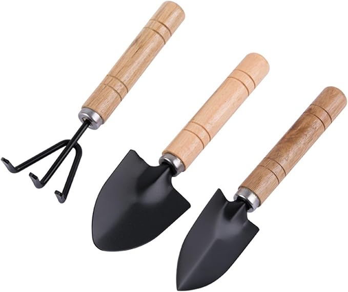 3Pcs Garden Tool Set - Compact Rake Shovel and Spade with Wooden Handle for Indoor Gardening(Large)