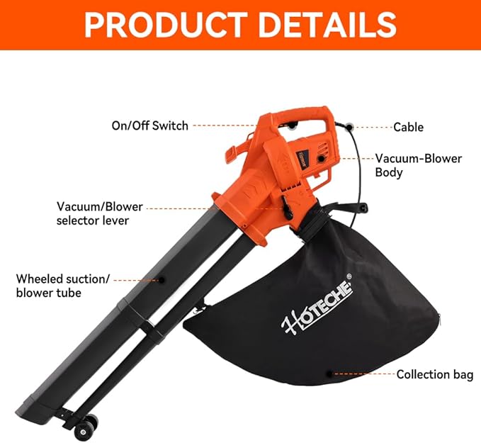 Hoteche 3-in-1 Electric Leaf Vac &amp Leaf Blower 1800 Watts High-Speed Leaf Blower with Shredder and 35L Collection Bag for Patios Lawn Driveways