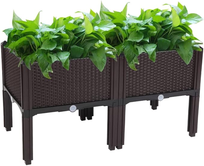 Elevated Planters Raised Garden Beds Plastic Vegetables Plant Raised Bed Kits Set of 2 Flowers Vegetables Growing Box with Legs &amp Drainage Holes for Garden Patio Balcony Restaurant Espresso