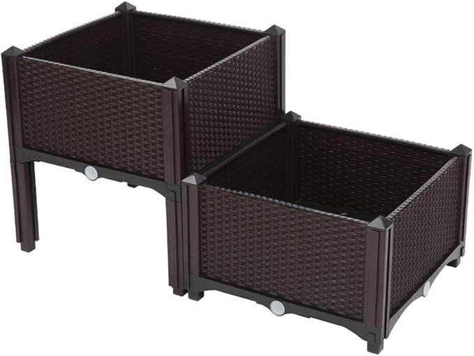 Raised Garden Bed with Legs Outdoor Plastic Elevated Planter Box Free Splicing Growing Bed with Rattan Pattern &amp Drainage Holes for Vegetables Herbs and Flowers Brown 2 Sets