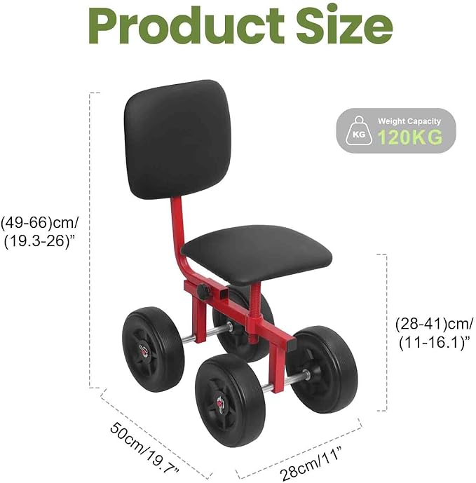 Rolling Garden Bench with Height Adjustable Feature Mobile Gardening Seat with Durable PP Frame and 120kg Capacity for Outdoor Planting and Weeding
