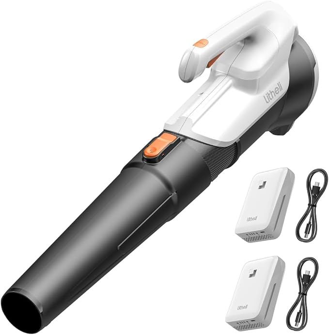 Litheli Cordless Leaf Blower with 2 Batteries (Works as Portable Power Bank) Ultra-Lightweight Electric Blower for Driveways Patios &amp Decks 2-Speed 350CFM for Dry Leaves Dust &amp Car Drying