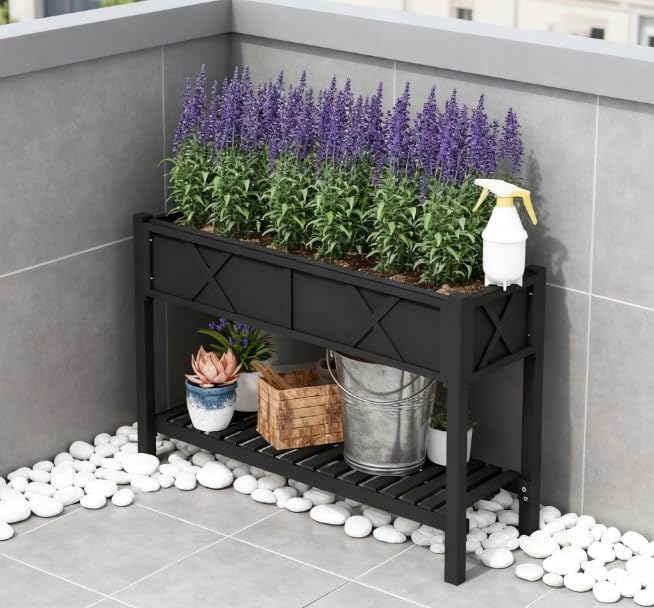 Elevated Wood Planter Box with Storage Shelf &amp Liner Raised Garden Bed with Drainage Holes Complete Gardening Solution for Patio Deck &amp Backyard (Black)